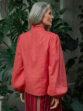 Frill Trim Notched V-Neck Lantern Sleeve Blouse